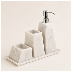 Classic Natural White Marble Bathroom Accessory Set with Soap Dispenser <b>Toothbrush</b> <b>Holder</b> and Vanity Tray or Home & Hotel Decor - Product Image 4