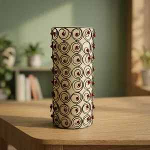 Metal Cylinder Votive <b>Candle</b> Holder With Spiral Wire And <b>Red</b> Beads Durable Home Decoration - Product Image 1