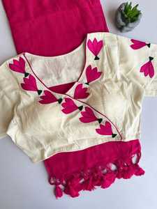 Blusa corta de algodón crema con bordado de hojas moradas, estilo étnico para mujer, para uso casual, estilo India-Pakistán. - Product Image 5