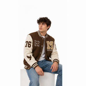 Custom Logo High Quality Chenille Embroidery Patchwork <b>Winter</b> Bomber Letterman Unisex Varsity <b>Jacket</b> with <b>Leather</b> Sleeves - Product Image 2