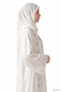 Abaya en satin blanc pour femmes, robe musulmane à manches longues, brodée de perles, longueur au sol, élégante, tenue pour le Ramadan - Product Image 1