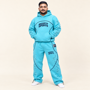 ชุดฮู้ดดี้และกางเกงวอร์มผู้ชาย Rexfit Sports สีน้ำเงิน ดีไซน์แบบ Distressed ผ้าฝ้าย ชุดลำลองสำหรับฤดูใบไม้ร่วง ปรับแต่งได้สำหรับทุกเพศ - Product Image 3