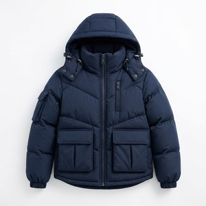 Veste matelassée à capuche unisexe bleu marine, manteau d'hiver chaud à fermeture éclair, streetwear d'extérieur, vêtements personnalisés à marque privée, OEM ODM - Product Image 1