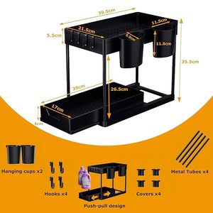 Black 2 Tier Metal <b>Bathroom</b> <b>Storage</b> Rack with Push-Pull <b>Drawer</b>, Hooks & Cups - Product Image 6