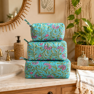 Jaipur Sustainable Travel Pouch Set of 3 Premium Quilted Cotton Makeup Organizer Waterproof Zip Closure Floral Hand Block Print - Product Image 5