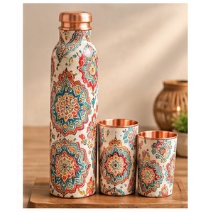 Ensemble de bouteilles d'eau en cuivre imprimées motif Magnolia, avec tasses assorties, vaisselle portable pour la maison - Product Image 4