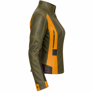 Chaqueta de cuero para mujer, verde oliva y amarillo en contraste, estilo racer, cuello alto, cremallera, corte ajustado, estilo vintage, estilo motero, abrigo informal para mujer - Product Image 3