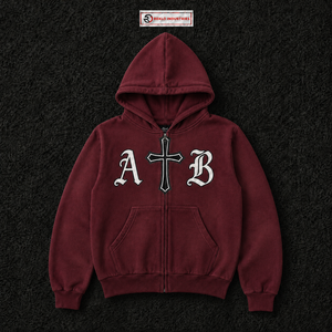 Sudadera con capucha personalizada color granate con cremallera, estilo gótico, con gráfico de cruz y letras AB, estilo urbano, unisex, para hombre y mujer - Product Image 5