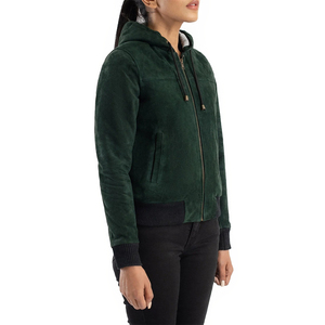 <b>Women's</b> Green Suede <b>Leather</b> <b>Moto</b> <b>Jacket</b> With Zipper Front Full Sleeve Stand Collar Autumn Outerwear Winter Season - Product Image 5