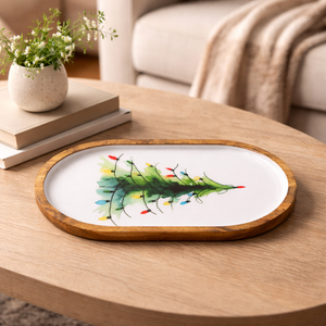 Bandeja ovalada de madera de mango esmaltada con estampado de árbol de Navidad grande, hecha a mano, para servir bocadillos, frutos secos, para uso en el hogar, cocina o restaurante. - Product Image 6
