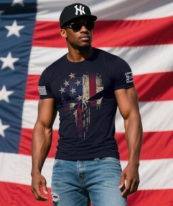Camiseta con estampado de calavera y bandera estadounidense para hombre, camiseta patriótica de manga corta con gráfico - Product Image 4