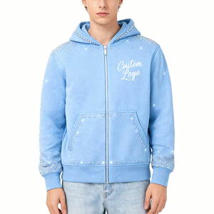 Custom Heat Press Rhinestone Hoodie Unisex Light <b>Blue</b> Zip-Up Fleece Casual Autumn Hooded <b>Glitter</b> Print Front Logo Regular Fit - Product Image 3