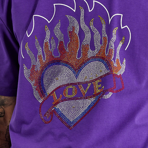 T-shirt violet à manches courtes pour homme avec motif cœur flamme en strass, col rond, coupe décontractée, en jersey de coton, personnalisable, ample - Product Image 6
