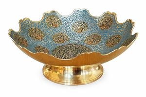 Bol en métal oriental fait main avec émail bleu et incrustations dorées, idéal pour les cadeaux de mariage - Product Image 4