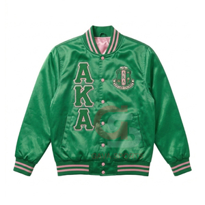 Veste en satin personnalisée verte et rose pour femmes AKA GREEK, et veste bomber respirante en tricot brodé pour femmes, style sororité. - Product Image 1