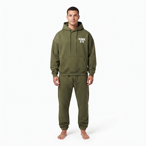 Ensemble deux pièces tendance vert olive, coupe ample, épaules tombantes, en molleton de coton pour homme, style streetwear. - Product Image 6