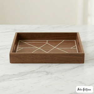 Walnut Wooden Minimalist Handcrafted Serving Tray Geometric Inlay Rectangular Decorative <b>Coffee</b> <b>Table</b> Tray for Home Hotel - Product Image 2