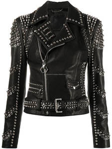 Chaqueta de moto de cuero genuino para mujer MH, manga larga, decorada con remaches, cierre de cremallera, cuello vuelto, estilo otoñal - Product Image 1