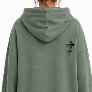 Washed Cotton Distressed Hoodies Women Relaxed Fit With Screen Print And Embroidery <b>Blank</b> Distressed Hoodies - Product Image 5