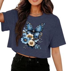 T-shirts graphiques décontractés d'été haut de gamme en coton à manches courtes, imprimé floral bleu marine, col rond, crop tops pour femmes, vente en gros - Product Image 3