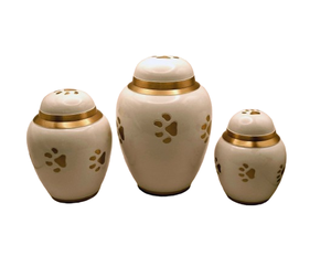 Elegante Urna Funeraria de Cerámica Blanca para Mascotas con Huellas de Patas – Jarra Decorativa para Cenizas con Banda Dorada y Tapa Segura para Recuerdo - Product Image 1