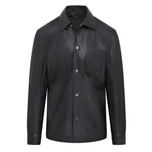 Men's <b>Black</b> PU Leather Shirt <b>Jacket</b> Workwear Style Stand Collar Front Pocket Regular Fit Waterproof Windproof Winter - Product Image 1