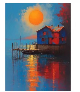 Peinture acrylique abstraite moderne de paysage tropical, coucher de soleil et bateau, sur toile texturée, peinte à la main, encadrée - Product Image 2