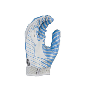 Gants de football personnalisés pour receveur, blancs et bleus, imprimés par transfert thermique, avec grip en silicone, longueur poignet, en nylon sportif - Product Image 3