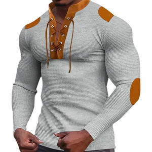 Camiseta de manga larga informal con cuello en V y tirantes a juego de color tipo gofre para hombre, novedad transfronteriza - Product Image 5