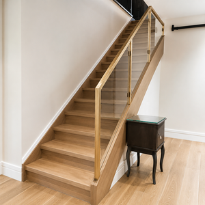 Gold Glass Stair <b>Railing</b> With Clear Panel Balustrade Modern Indoor Handrail For Luxury Wooden Staircase Design - Product Image 3