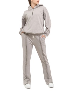 Women's Gray Hooded Tracksuit Set Full Sleeve Solid Color Casual Split Hem <b>Pants</b> With Side Pockets Breathable - Product Image 1