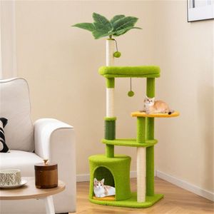Arbre à chat compact de 48 pouces avec feuilles tropicales, auto-toilettant et griffoirs, vert et orange - Product Image 2