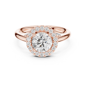 Bague de fiançailles en moissanite plaquée or rose pour femme - Bague de mariage avec halo de diamants taille ronde couleur D et bande d'accentuation - Product Image 1