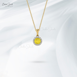 Collier de mariage en or massif 14 carats avec pendentif halo en saphir jaune naturel serti de diamants de 4 mm, fournisseur de bijoux fins en gros, Inde - Product Image 5