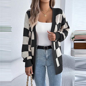 Cárdigan de punto con patrón geométrico personalizado, manga larga, informal, para otoño, con puños acanalados, suéter acrílico para damas. - Product Image 6