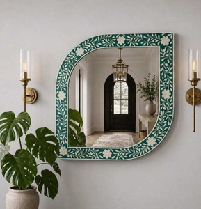 Espejo Decorativo de Pared con Marco de Hueso Incrustado Hecho a Mano de Primera Calidad, Forma de Mihrab Moderno, Patrón Floral Azul, Ajustable para Colgar en la Pared del Hogar - Product Image 3