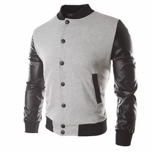 Veste varsity grise pour homme avec manches en cuir PU noir, coupe classique, vêtement décontracté pour l'automne, col rabattu, fermeture à boutons - Product Image 6