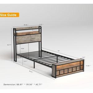 Solid Stable <b>Twin</b> <b>Bed</b> <b>Frames</b> with LED Headboard Charging Station Noise-Free No Box Spring Needed for Bedroom - Product Image 5