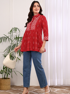 Kurta/Kurti Corta de Verano para Mujer, Estampado Geométrico Ikat de Algodón, Cuello con Solapa Roja, Manga Tres Cuartos, Secado Rápido, Protección Solar - Product Image 3