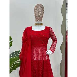 Conjunto de Fiesta XL: Top de Chifón, Pantalón y Dupatta con Bordado de Hilo y Lentejuelas para un Look Glamuroso - Product Image 1