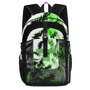 Sac à dos de sport en nylon tie-dye vert et noir personnalisé CLASSICAL TRENDS 30-40L avec poches en filet, design nom et numéro d'équipe, modèle Jz-612 - Product Image 1