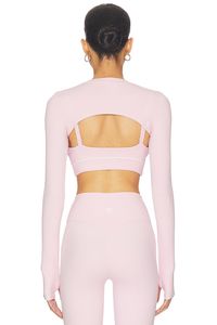 Haut court tricoté extensible pour femme, coupe ajustée, manches longues, ouvert sur le devant, style shrug, idéal pour superposition, en polyester et élasthanne - Product Image 2