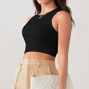 Women's <b>Black</b> Knitted O-Neck Tank <b>Top</b> Solid Color Minimalist Style Short Length Casual Wear - Product Image 2