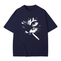 T-shirt Homme Oversize en Coton à Manches Courtes avec Motif Chat Fumeur, Col Rond Décontracté, Impression sur le Devant