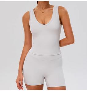 Conjunto Deportivo Personalizado al por Mayor para Mujer, 2 Piezas, Diseño Sólido, Top Deportivo para Yoga y Gimnasio, Pantalones Cortos, Sujetador Deportivo, Sudadera, Chaleco de Yoga - Product Image 2