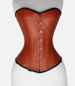 Women's Orange and Black Leather <b>Corset</b> Shapewear Firm Control Over bust Tummy Control With Button Closure Double Steel Boned - Product Image 1