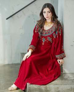 Women's Red Polyester Fiber Velvet Natural Waist Floor-Length Modest A-Line Evening Formal Dress V-Neck Long Sleeve <b>Jacket</b> - Product Image 2
