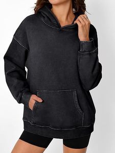 Sweat-shirt à capuche noir surdimensionné à manches longues, couleur unie, en coton French Terry, avec poche, unisexe, pour l'automne - Product Image 1