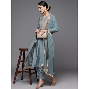 ผ้าไหม Chanderi แฟชั่นการเย็บปักถักร้อยด้านบนด้านล่างด้วยสีเขียว dupatta - Product Image 4