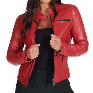 Veste Homme Hiver en Cuir Véritable Rouge Coupe Slim Col Montant Fermeture Éclair Couleur Unie Séchage Rapide Respirante - Product Image 3